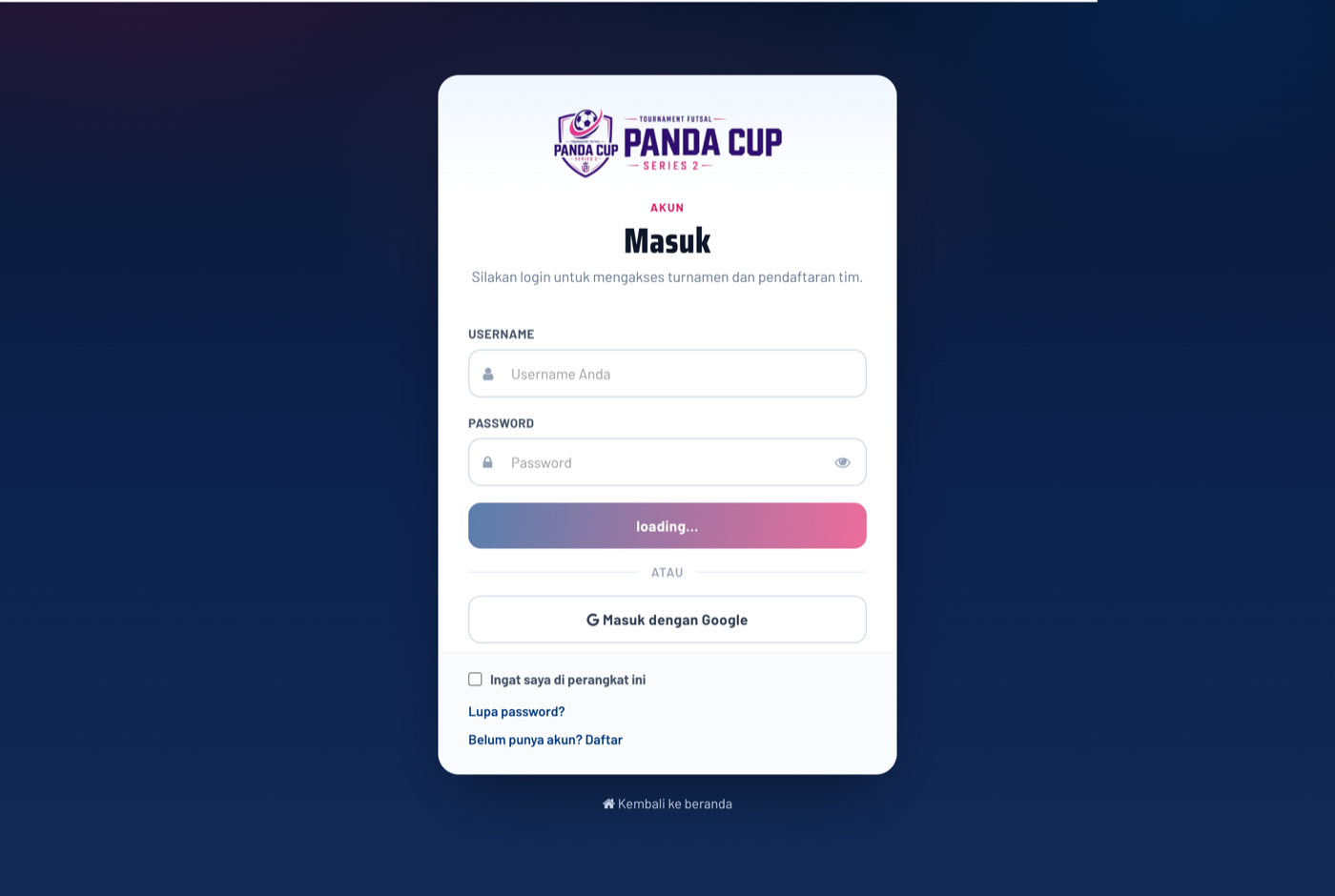 Halaman login — termasuk tombol “Masuk dengan Google” bila SSO aktif.