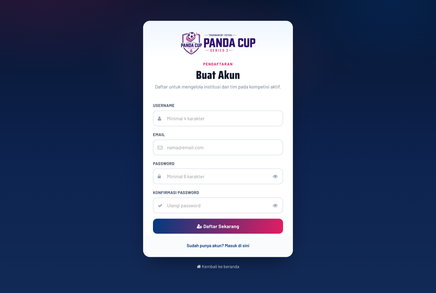 Form registrasi manual: username, email, password, konfirmasi password.