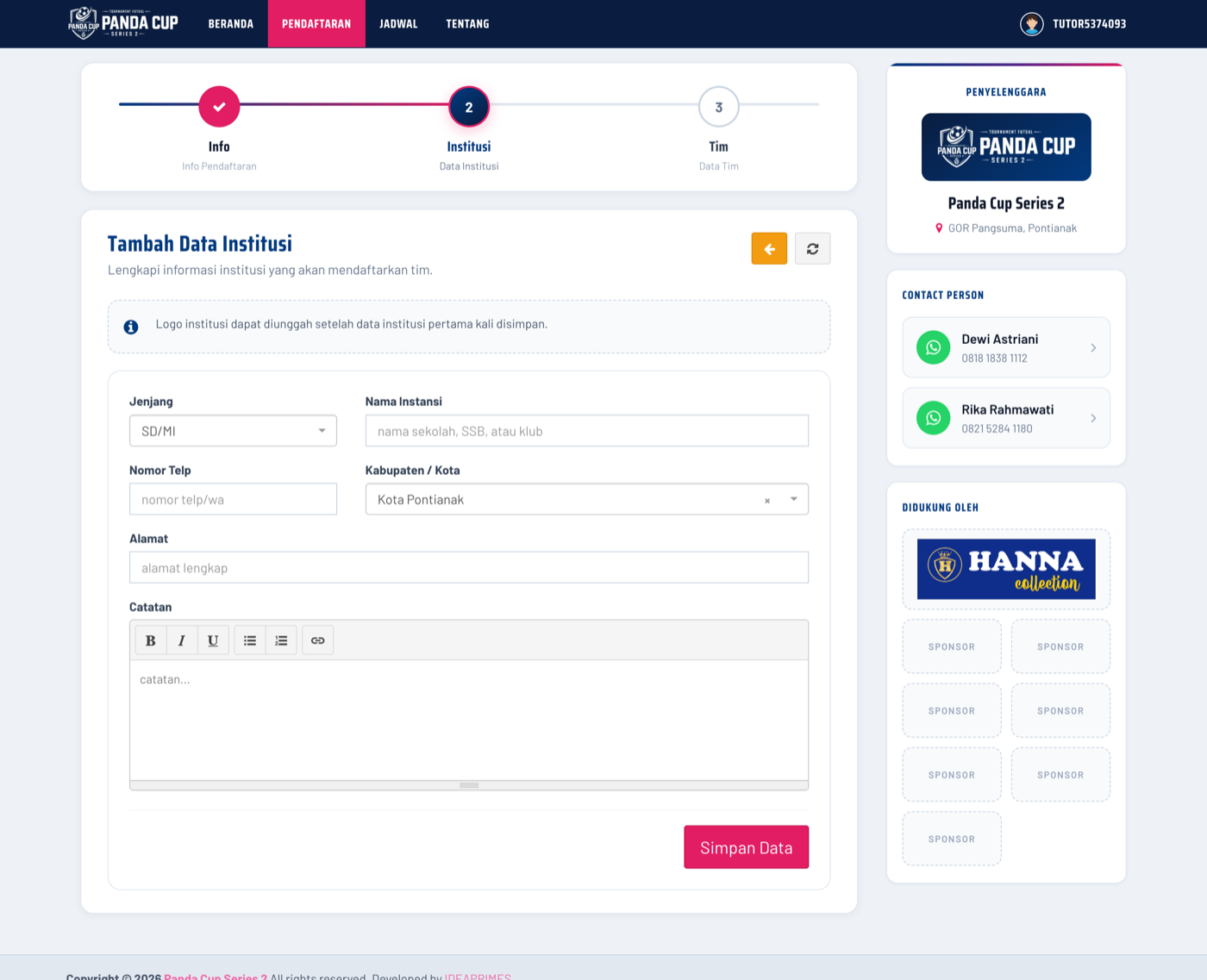 Form data institusi: jenjang, nama, telp, kab/kota, alamat, catatan.