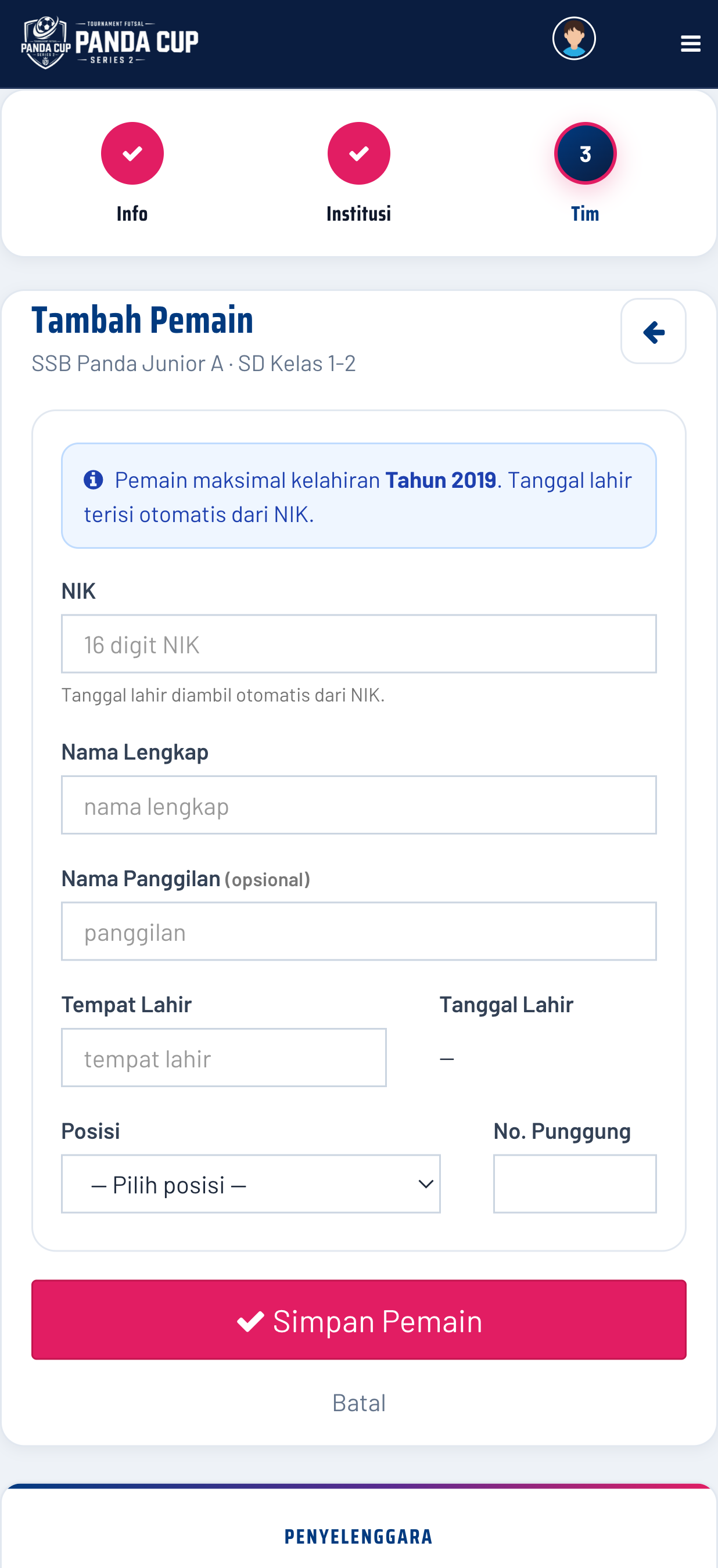 Kartu “Tambah Pemain” di tampilan mobile.