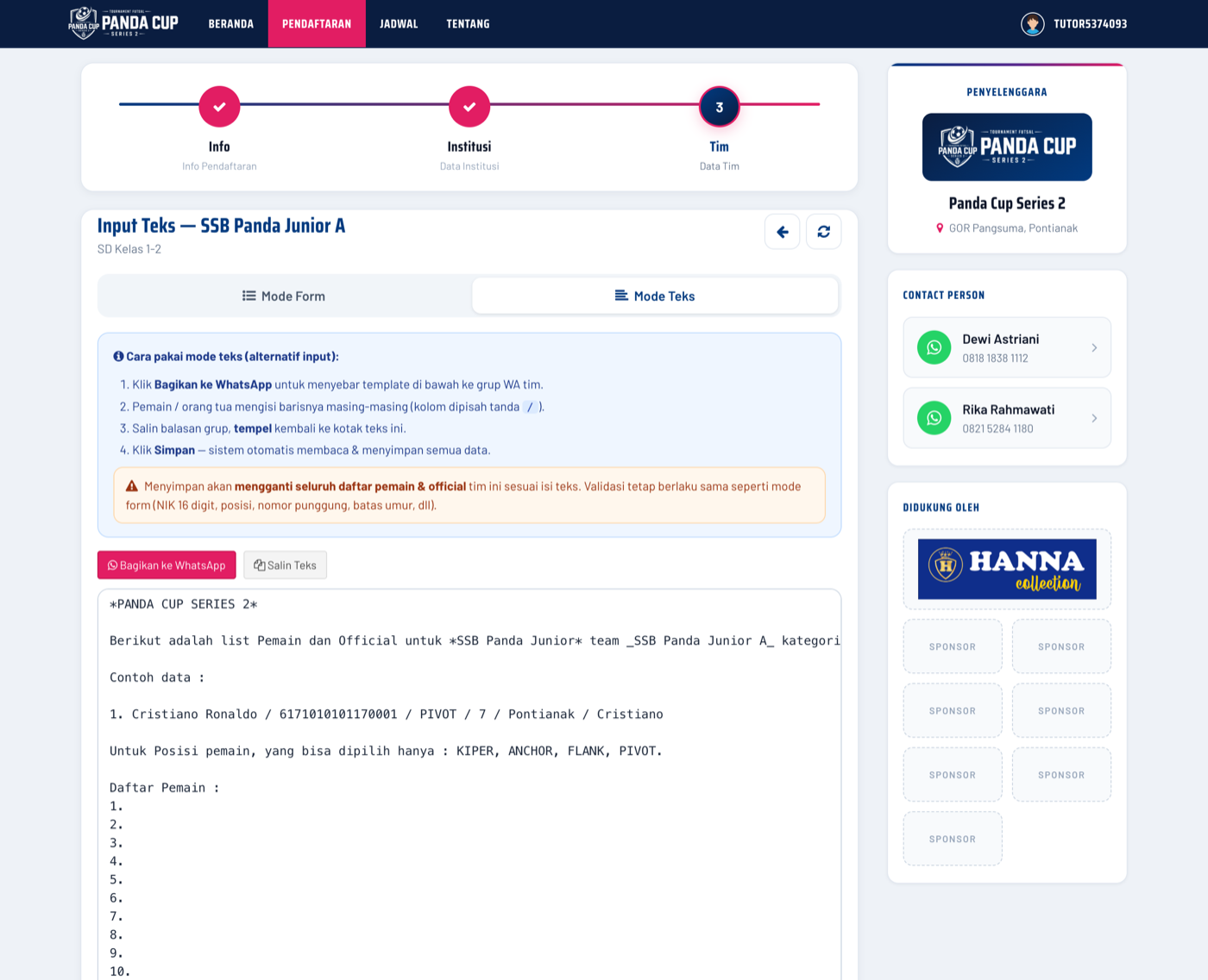 Mode teks dengan template siap dibagikan ke grup WA dan tombol Submit.